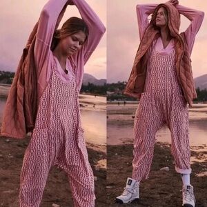RARE FP MOVEMENT Hot Shot Onesie Romper Pink Orange Trapezoid Patterned Lounge M